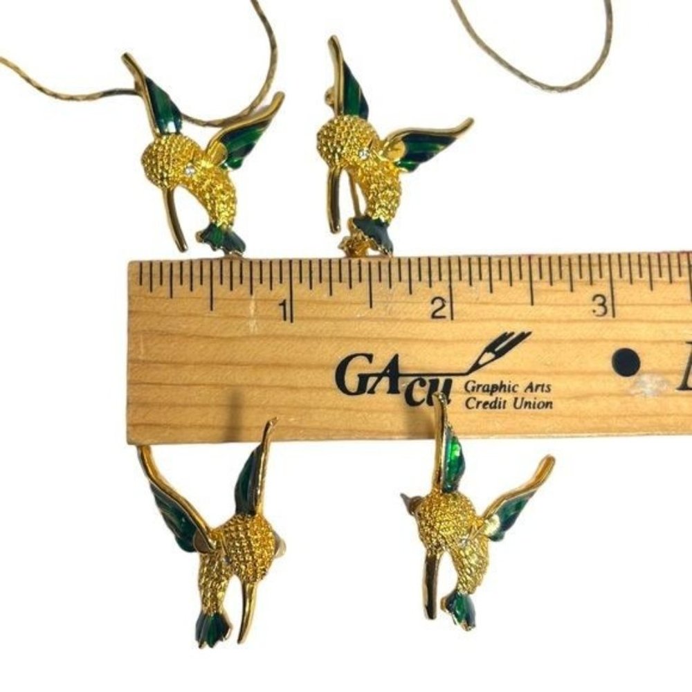 Vintage 1980s Gold Tone Hummingbird  Brooch Blue Green Enamel Rhinestone Eye - Picture 6 of 7